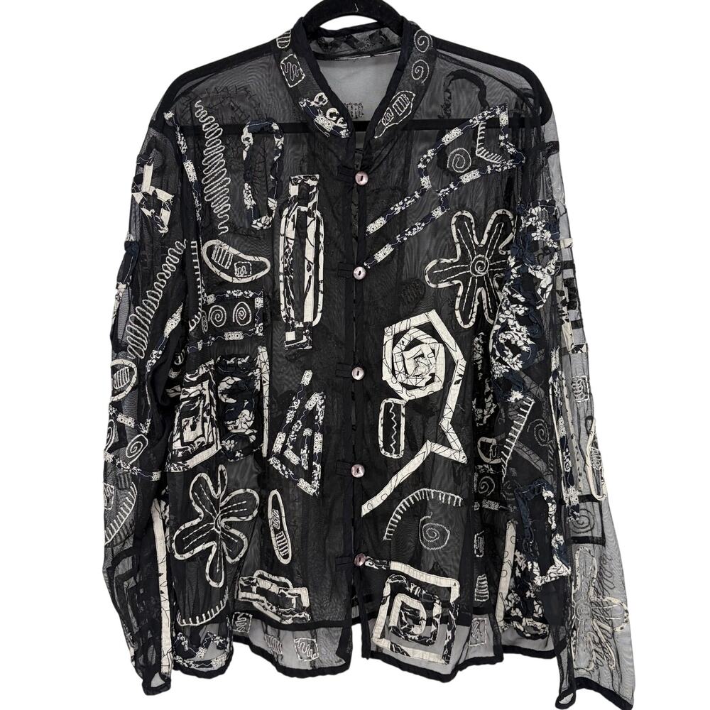 No Brand Vintage Y2K Black White Chiffon Applique Button Up Long Sleeve L/XL
